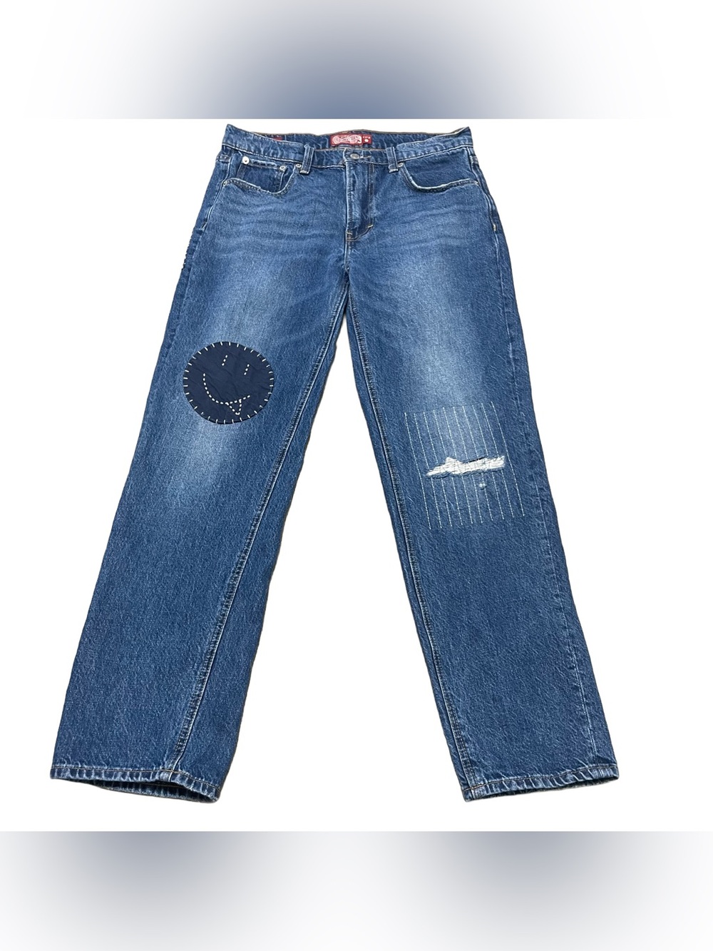 Lucky Brand Women's Blue Straight Leg Jeans with Patch & Stitch Detail